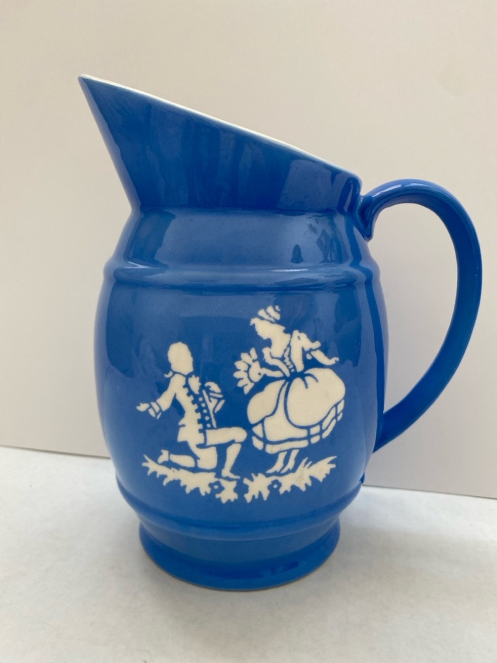 Vintage Cobalt Blue Ceramic Pitcher Vase Colonial Courting Scene Rare